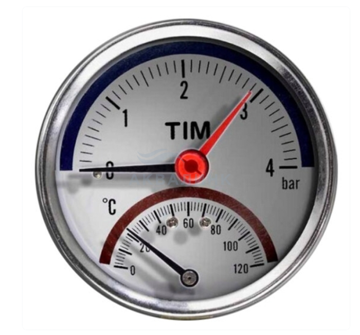 Термоманометр TIM аксиальный, с запорным клапаном D80мм, 1/2" х 4 бар/120гр.