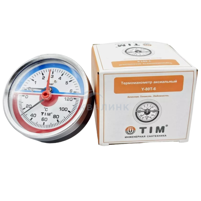 Термоманометр TIM аксиальный, с запорным клапаном D80мм, 1/2" х 6 бар/120° 