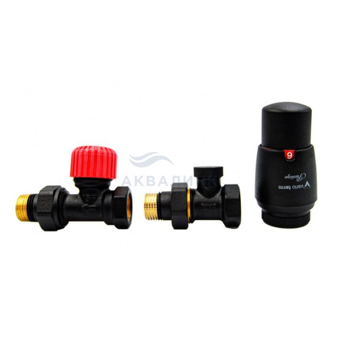 Комплект бокового подключения VARIO Elegant 1/2-1/2 прямой, с термоголовкой, черный матовый