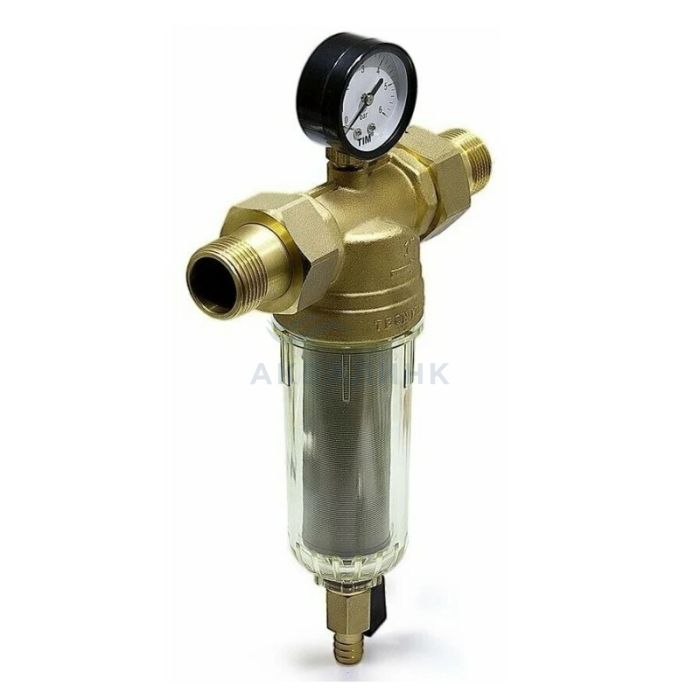 Фильтр промывной TIM с манометром, 3/4", стеклянный корпус