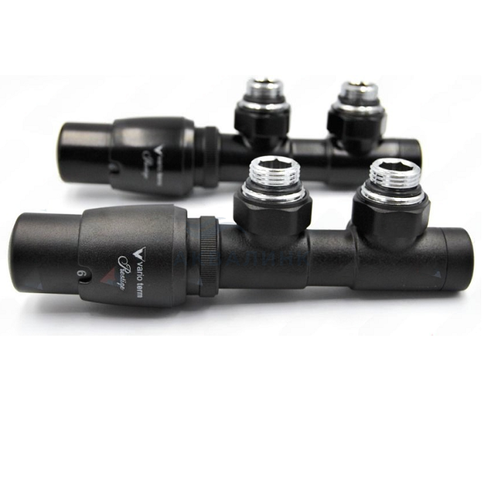 Комплект нижнего подключения VARIO Twins угловой левый 3/4"х3/4", с термоголовкой, черный матовый
