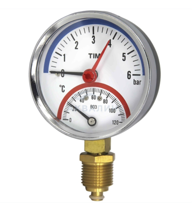 Термоманометр TIM радиальный, с запорным клапаном D80мм, 1/2" х 6 бар/120° 