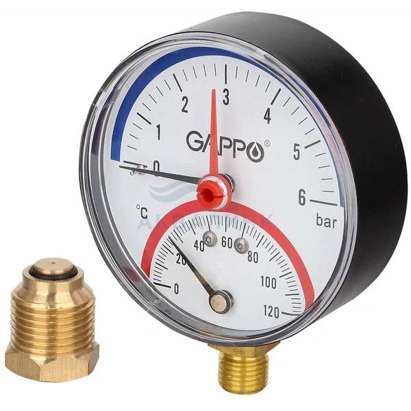 Термоманометр Gappo радиальный, с запорным клапаном D80мм, 1/2" х 6 бар/120° (G1472)