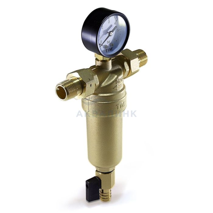 Фильтр промывной TIM с манометром, 1/2" , латунный корпус