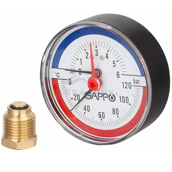 Термоманометр Gappo аксиальный, с запорным клапаном D80мм, 1/2" х 6 бар/120° (G1473)
