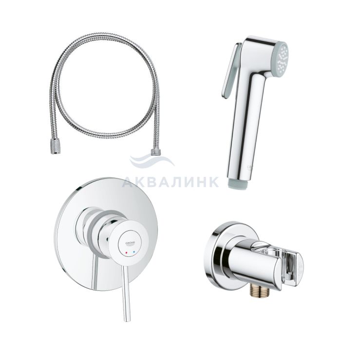 Комплект для биде GROHE BauClassic, смеситель встр. (29048000), гиг. душ (26506000) со шлангом (28105001) и держ, хром (замена арт. 124434)
